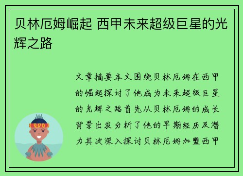 贝林厄姆崛起 西甲未来超级巨星的光辉之路